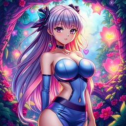 A vibrant and captivating scene featuring a beautiful anime girl with large breasts, wearing a form-fitting, stylish outfit that accentuates her curves