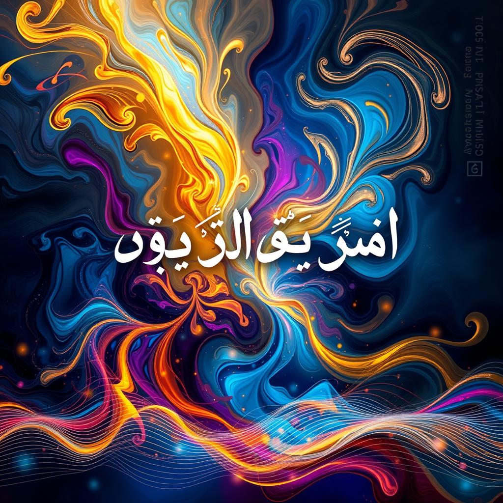 A stunning, abstract representation of the phrase 'مفتعلن مفتعلن مفتعلن کشت مرا', depicted as vibrant, swirling colors and flowing forms that evoke feelings of creation and transformation