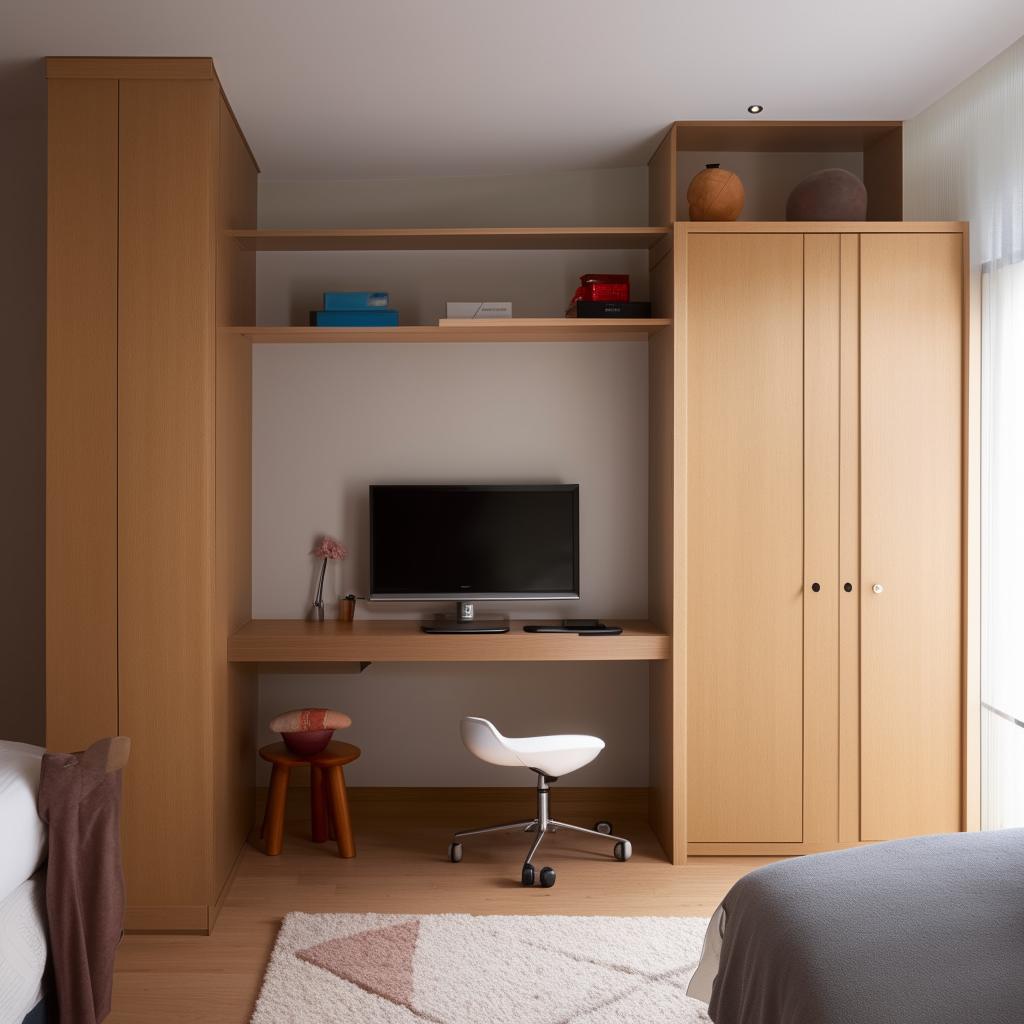 Generate a design for a 10.65 square meter room containing a desk, bed, cupboard, and a wall-mounted TV.