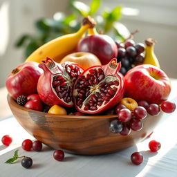 A beautifully arranged still life composition featuring a wooden bowl filled with a vibrant mix of fresh fruits