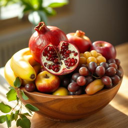 A beautifully arranged still life composition featuring a wooden bowl filled with a vibrant mix of fresh fruits