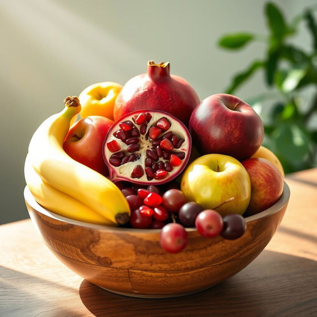 A beautifully arranged still life composition featuring a wooden bowl filled with a vibrant mix of fresh fruits