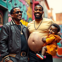 A surreal scene depicting a man who is 9 months pregnant, showcasing a proud smile as he stands with P Diddy beside him, both wearing stylish urban clothing