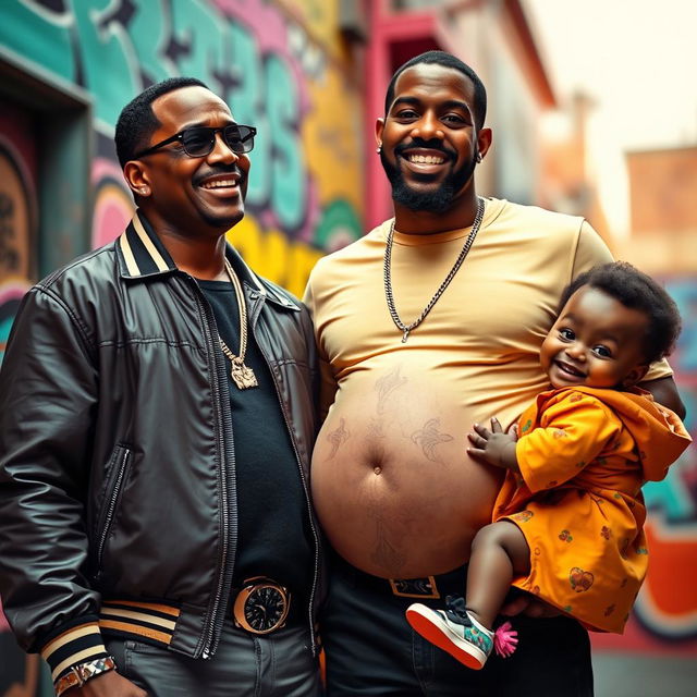 A surreal scene depicting a man who is 9 months pregnant, showcasing a proud smile as he stands with P Diddy beside him, both wearing stylish urban clothing