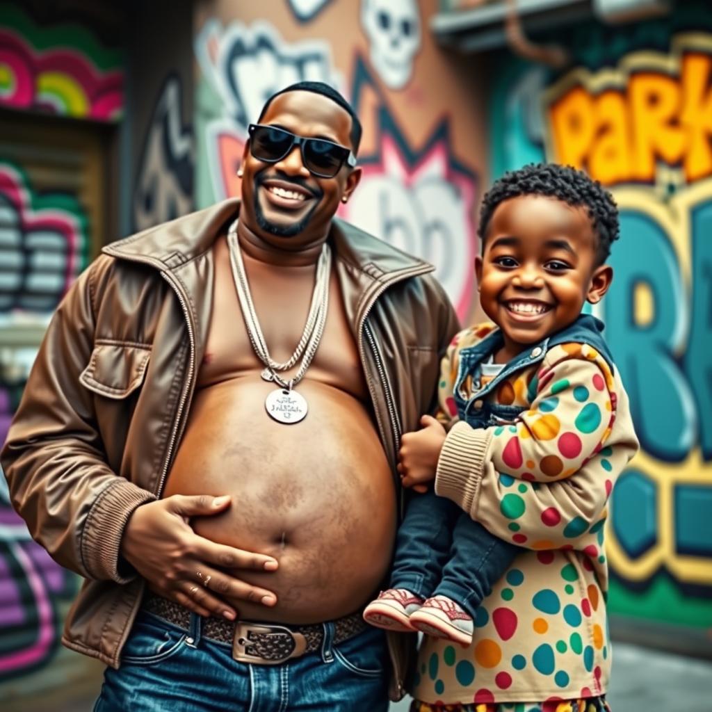 A surreal scene depicting a man who is 9 months pregnant, showcasing a proud smile as he stands with P Diddy beside him, both wearing stylish urban clothing