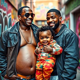 A surreal scene depicting a man who is 9 months pregnant, showcasing a proud smile as he stands with P Diddy beside him, both wearing stylish urban clothing