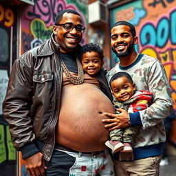 A surreal scene depicting a man who is 9 months pregnant, showcasing a proud smile as he stands with P Diddy beside him, both wearing stylish urban clothing