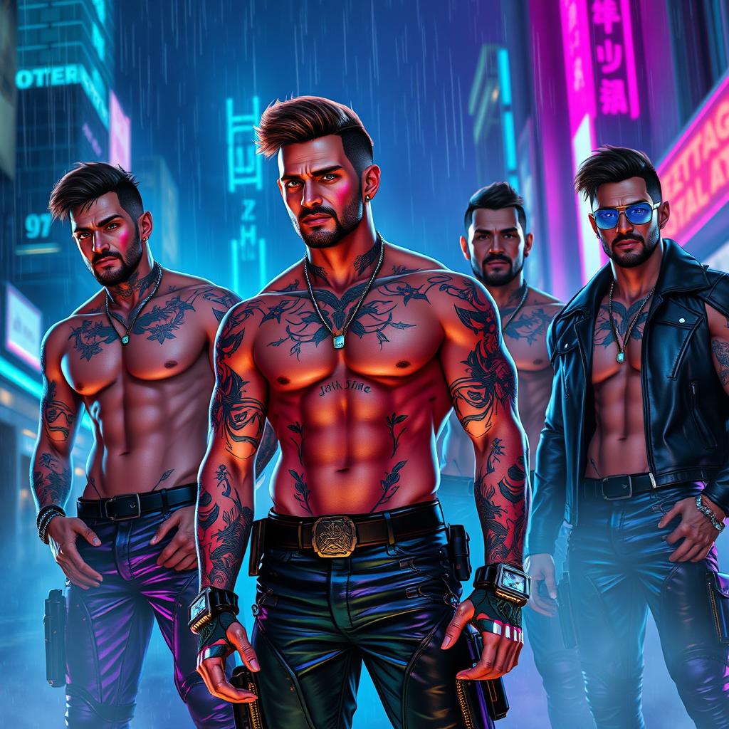 A futuristic cyberpunk scene featuring strong and muscular men with robotic enhancements, showcasing intricate tattoos and glowing cybernetic implants