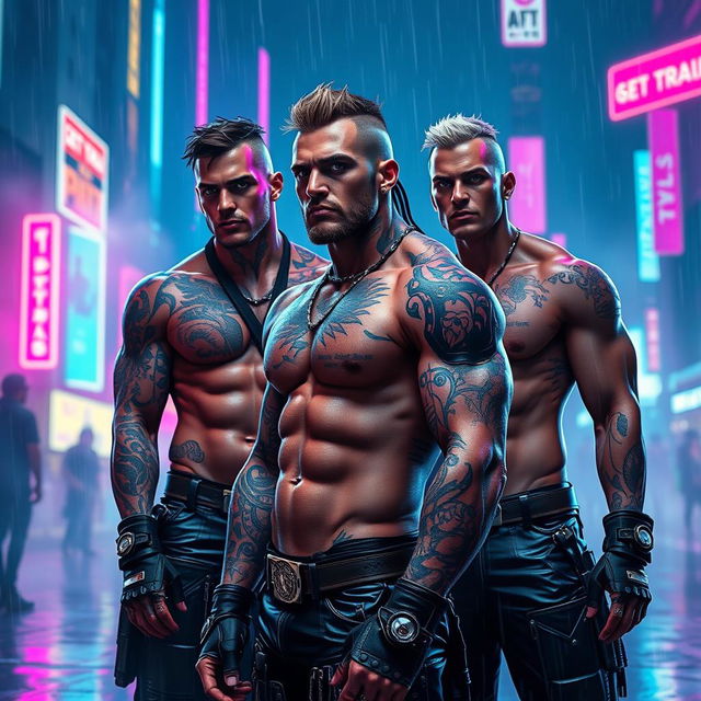 A futuristic cyberpunk scene featuring strong and muscular men with robotic enhancements, showcasing intricate tattoos and glowing cybernetic implants