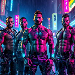 A futuristic cyberpunk scene featuring strong and muscular men with robotic enhancements, showcasing intricate tattoos and glowing cybernetic implants