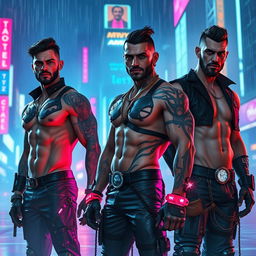 A futuristic cyberpunk scene featuring strong and muscular men with robotic enhancements, showcasing intricate tattoos and glowing cybernetic implants