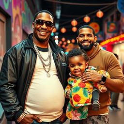 A vibrant scene showing a man who is 9 months pregnant, proudly smiling as he stands next to P Diddy, both dressed in trendy urban attire