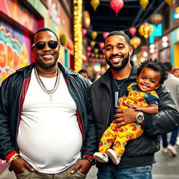 A vibrant scene showing a man who is 9 months pregnant, proudly smiling as he stands next to P Diddy, both dressed in trendy urban attire