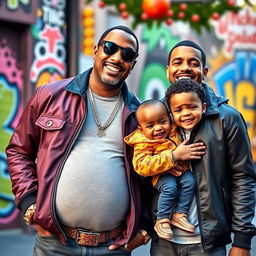 A vibrant scene showing a man who is 9 months pregnant, proudly smiling as he stands next to P Diddy, both dressed in trendy urban attire