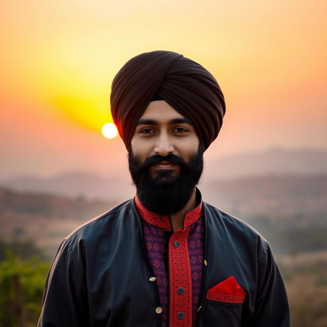 A proud Sikh man wearing a traditional black turban, standing confidently with a serene expression