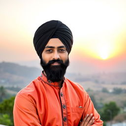 A proud Sikh man wearing a traditional black turban, standing confidently with a serene expression