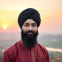 A proud Sikh man wearing a traditional black turban, standing confidently with a serene expression