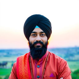 A proud Sikh man wearing a traditional black turban, standing confidently with a serene expression