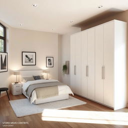 A detailed interior view of a modern bedroom featuring all wardrobe doors in a sleek matte white finish