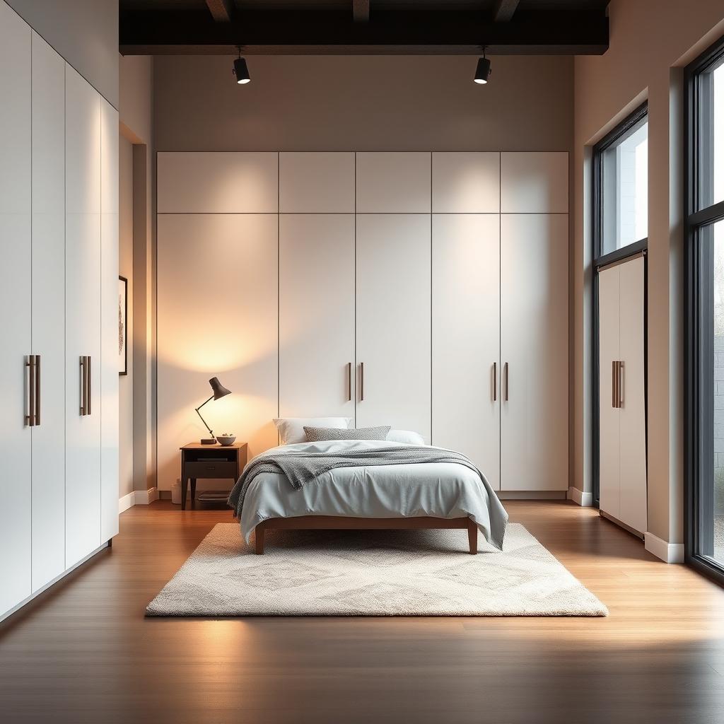 A detailed interior view of a modern bedroom featuring all wardrobe doors in a sleek matte white finish