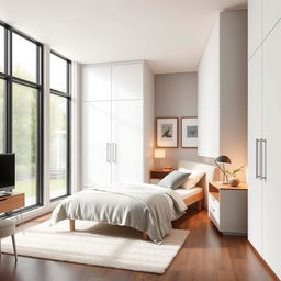 A detailed interior view of a modern bedroom featuring all wardrobe doors in a sleek matte white finish