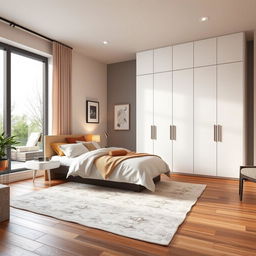 A detailed interior view of a modern bedroom featuring all wardrobe doors in a sleek matte white finish