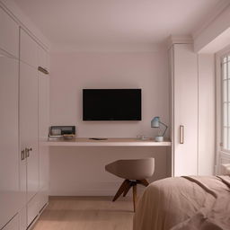 Generate a design for a 10.65 square meter room containing a desk, bed, cupboard, and a wall-mounted TV.