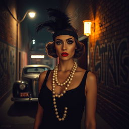 A dark urban alley illuminated by a single flickering streetlight, showcasing a stylized yet gritty scene of a vintage car parked nearby