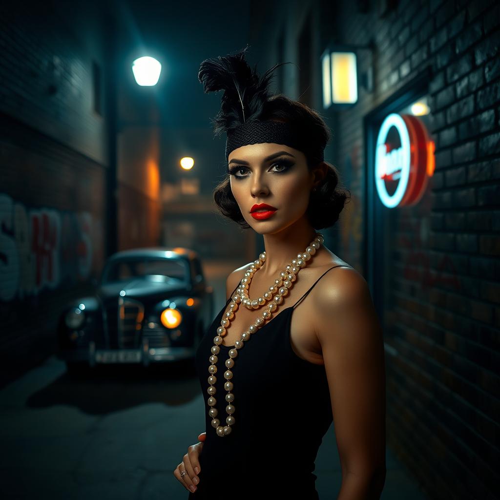 A dark urban alley illuminated by a single flickering streetlight, showcasing a stylized yet gritty scene of a vintage car parked nearby