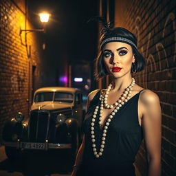 A dark urban alley illuminated by a single flickering streetlight, showcasing a stylized yet gritty scene of a vintage car parked nearby