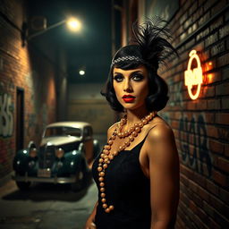 A dark urban alley illuminated by a single flickering streetlight, showcasing a stylized yet gritty scene of a vintage car parked nearby