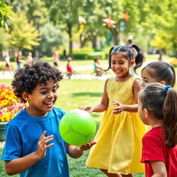 a group of diverse children playing together in a vibrant park, laughing and enjoying a sunny day