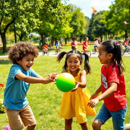 a group of diverse children playing together in a vibrant park, laughing and enjoying a sunny day