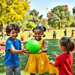 a group of diverse children playing together in a vibrant park, laughing and enjoying a sunny day