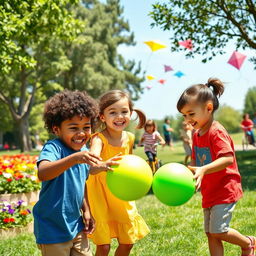 a group of diverse children playing together in a vibrant park, laughing and enjoying a sunny day