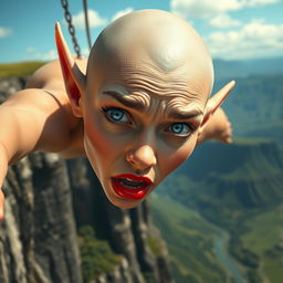 A stunning bald elf woman with striking blue eyes and vibrant red lips, depicted mid-fall off a cliff, her face showing a frightened expression