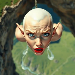 A stunning bald elf woman with striking blue eyes and vibrant red lips, depicted mid-fall off a cliff, her face showing a frightened expression