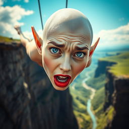 A stunning bald elf woman with striking blue eyes and vibrant red lips, depicted mid-fall off a cliff, her face showing a frightened expression