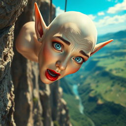A stunning bald elf woman with striking blue eyes and vibrant red lips, depicted mid-fall off a cliff, her face showing a frightened expression