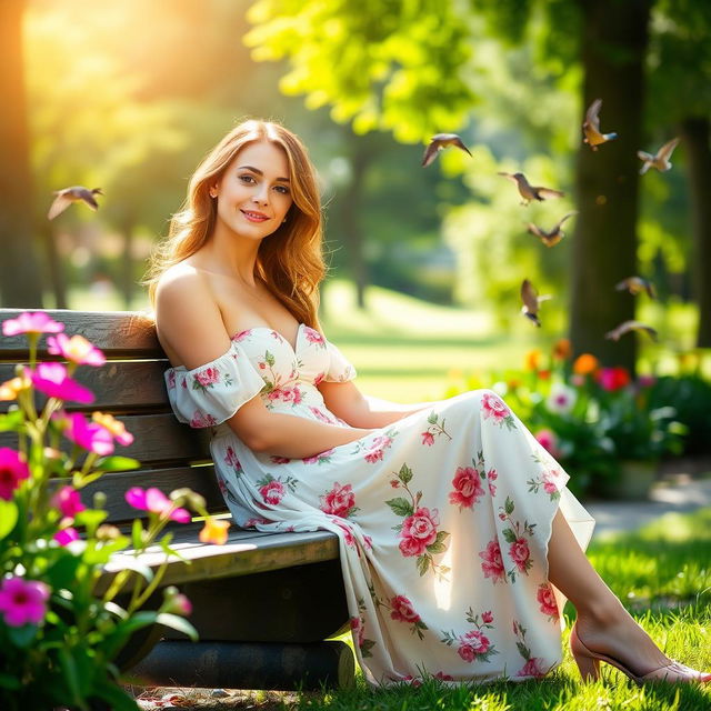 A beautiful woman sitting elegantly in a serene park, wearing a flowing summer dress with floral patterns