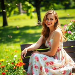 A beautiful woman sitting elegantly in a serene park, wearing a flowing summer dress with floral patterns