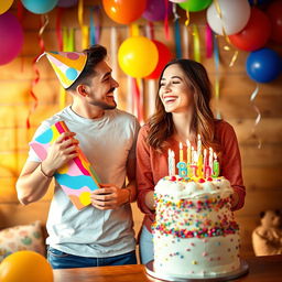 A charming scene depicting two friends joyfully celebrating a birthday together