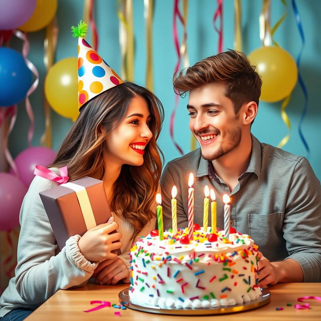 A charming scene depicting two friends joyfully celebrating a birthday together