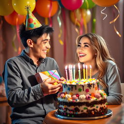 A charming scene depicting two friends joyfully celebrating a birthday together