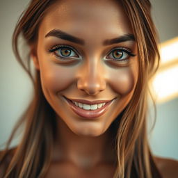 A striking close-up portrait of a stunning woman with smooth, radiant skin and bright, mesmerizing eyes that are wide open, showcasing their vibrant color and subtle reflections