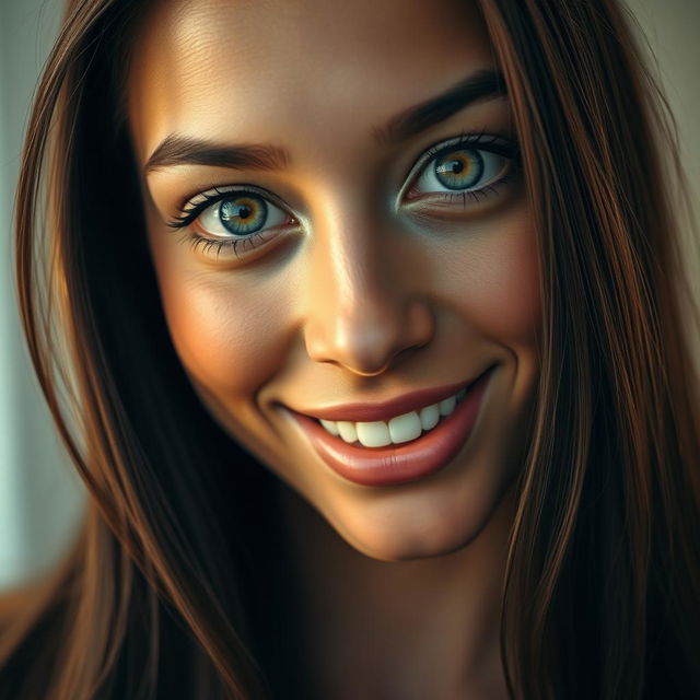 A striking close-up portrait of a stunning woman with smooth, radiant skin and bright, mesmerizing eyes that are wide open, showcasing their vibrant color and subtle reflections