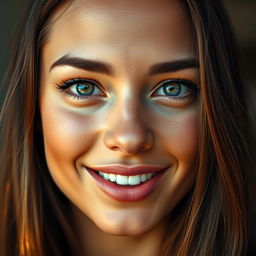 A striking close-up portrait of a stunning woman with smooth, radiant skin and bright, mesmerizing eyes that are wide open, showcasing their vibrant color and subtle reflections