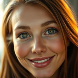A striking close-up portrait of a stunning woman with smooth, radiant skin and bright, mesmerizing eyes that are wide open, showcasing their vibrant color and subtle reflections