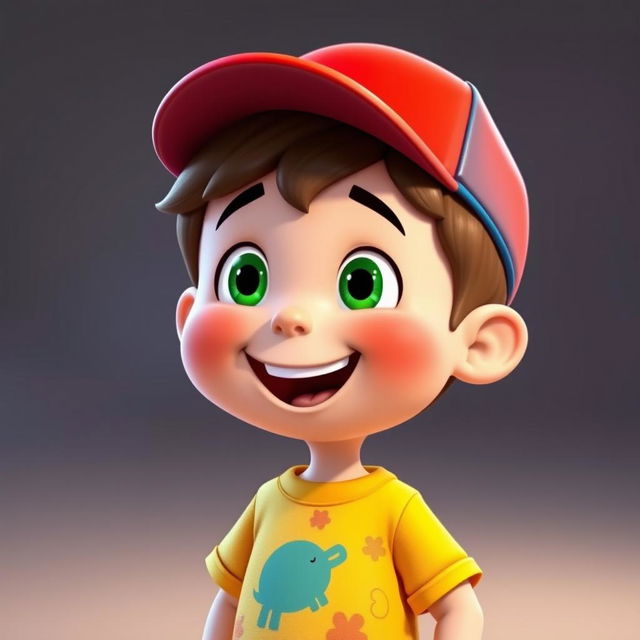 A cute cartoon-style character of a different child, with a joyful expression, wearing a bright red cap and a yellow t-shirt with a playful pattern