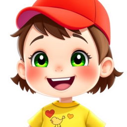 A cute cartoon-style character of a different child, with a joyful expression, wearing a bright red cap and a yellow t-shirt with a playful pattern